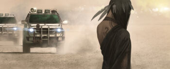 Rule 34 | 1girl, black hair, car, commentary request, desert, dust, feathers, long hair, motor vehicle, original, revision, shiira, solo, sports utility vehicle, tattoo