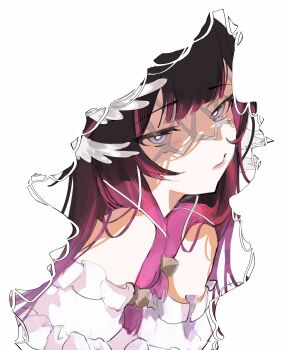 Rule 34 | 1girl, absurdres, bare shoulders, black hair, blending, closed mouth, columbina (genshin impact), commentary request, dress, eye mask, genshin impact, grey eyes, hair ornament, head wings, highres, long hair, looking at viewer, mask, multicolored hair, pink hair, portrait, purple hair, ribbon, sa 3987, solo, streaked hair, two-tone hair, unusually open eyes, white dress, white mask, wings