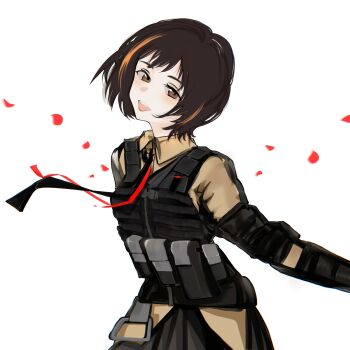 aged_down black_skirt body_armor brown_eyes brown_hair girls&#039;_frontline head_tilt highres liansusa long_sleeves looking_at_viewer m16a1_(girls&#039;_frontline) mole mole_under_eye multicolored_hair necktie no_eyepatch open_mouth shirt short_hair simple_background skirt smile solo yellow_shirt