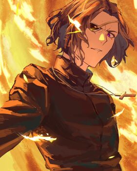 1boy brown_hair commentary_request cross cross_necklace eyepatch fate/strange_fake fate_(series) fire hansa_cervantes highres jacket jewelry latin_cross male_focus mole mole_under_eye necklace open_mouth priest purple_eyes short_hair smile solo tamago_free upper_body