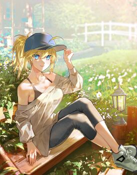 Rule 34 | 1girl, artoria pendragon (fate), bamcream, black bra, black pants, blonde hair, blue eyes, blue hat, bra, breasts, cleavage, closed mouth, collarbone, commentary, commission, day, english commentary, fate/grand order, fate (series), full body, hair between eyes, hand up, hat, lantern, large breasts, long hair, long sleeves, looking at viewer, mysterious heroine x (fate), mysterious heroine xx (fate), off shoulder, outdoors, pants, ponytail, shirt, shoes, sitting, smile, sneakers, solo, underwear, white shirt, white shoes