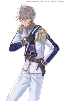 1boy ahoge black_gloves blue_sash blue_shirt commentary_request cowboy_shot epaulettes fringe_trim gloves gold_trim grey_hair hand_on_own_chest hand_on_own_hip highres idol idol_clothes jaeyun king&#039;s_raid microphone mitra_(king&#039;s_raid) multicolored_shirt official_alternate_costume official_art orange_eyes pants sash shirt smirk solo striped_sash white_pants white_sash white_shirt