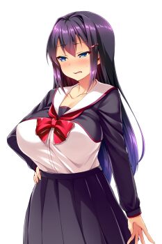 1girl ayazaki_shizuku black_hair black_skirt blue_eyes blush bow bowtie breasts collarbone cowboy_shot game_cg hair_ornament hairclip half-closed_eyes hand_on_own_hip huge_breasts large_variant_set long_hair long_sleeves multicolored_hair non-web_source nose_blush official_art open_mouth pleated_skirt purple_hair red_bow satou_kuuki school_uniform serafuku shirt skirt solo soukou_seiki_ysphere transparent_background variant_set