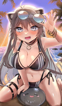 1girl absurdres ahoge alternate_costume animal_ear_piercing animal_ears arm_support ball beach beachball bikini black_bikini black_choker black_nails blush bracelet breasts character_ball choker cleavage collarbone commentary_request double-parted_bangs fang fingernails gold_bracelet grey_eyes grey_hair hair_between_eyes highres holding holding_removed_eyewear hololive jewelry large_breasts leaning_forward lion_ears lion_girl lion_tail long_fingernails long_hair long_sidelocks minatasiro multi-strapped_bikini_bottom nail_polish navel o-ring o-ring_bikini o-ring_bikini_bottom o-ring_top ocean official_alternate_hairstyle on_ball palm_tree putting_on_eyewear shiny_skin shishiro_botan side-tie_bikini_bottom sidelocks sitting sitting_on_ball solo ssrb_(shishiro_botan) straight_hair striped_bikini striped_clothes summer sunglasses sunset swimsuit tail tree twilight two_side_up unworn_eyewear vertical-striped_bikini vertical-striped_clothes virtual_youtuber wariza