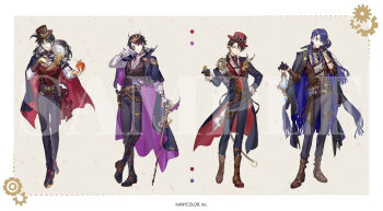 Rule 34 | 4boys, alternate costume, apple, arm tattoo, belt, biting, biting glove, black cape, black gloves, black pants, blonde hair, blue cape, blue hair, border, brown background, brown belt, brown coat, brown hat, brown vest, cane, cape, coat, commentary request, copyright notice, eyepatch, food, fruit, full body, fur-trimmed cape, fur trim, gears, glasses, gloves, hand on own chest, hand on own hip, hat, highres, hitokoto, holding, holding cane, holding food, holding fruit, holding lantern, holding pocket watch, lantern, long sleeves, looking at viewer, male focus, multicolored hair, multiple boys, nagao kei, nijisanji, nijisanji en, official art, open clothes, open coat, pants, pink hair, pocket watch, purple cape, red cape, red hair, red hat, red vest, saegusa akina, sample watermark, shirt, short hair, shu yamino, smile, standing, standing on one leg, streaked hair, swept bangs, tattoo, top hat, two-sided cape, two-sided fabric, undershirt, vest, virtual youtuber, watch, watermark, white border, white shirt, yumeoi kakeru