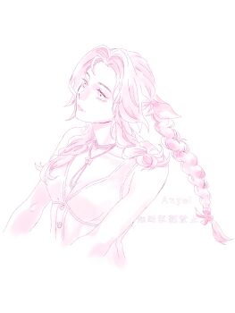 1girl absurdres aerith_gainsborough bare_shoulders braid braided_ponytail breasts choker cleavage collarbone commentary_request dress final_fantasy final_fantasy_vii final_fantasy_vii_rebirth final_fantasy_vii_remake flower_choker gyokumey hair_ribbon highres long_hair medium_breasts monochrome parted_bangs pink_dress pink_ribbon ribbon sidelocks single_braid sleeveless sleeveless_dress solo upper_body white_background