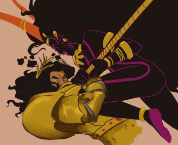 1boy 1girl absurdly_long_hair alien anklet armlet armor black_bodysuit black_hair black_skin bodysuit bracelet colored_skin commentary cropped_legs crossover double-sided_polearm earrings emperor_of_mankind english_commentary fighting fin_piercing fins glaring gold_anklet gold_armlet gold_armor gold_bracelet gold_earrings gold_tiara head_fins head_wreath highres hobsyllwin holding holding_polearm holding_weapon homestuck horns jewelry laurel_crown long_hair multicolored_bodysuit orange_horns pink_background pink_bodysuit pink_lips polearm power_armor science_fiction simple_background sketch spade_(shape) the_condesce tiara two-tone_bodysuit very_long_hair warhammer_40k weapon