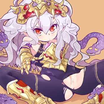 1girl armored_gloves black_pantyhose commentary_request crown expressionless flat_chest granblue_fantasy grey_hair highres long_hair looking_at_viewer medusa_(shingeki_no_bahamut) pantyhose pussy red_eyes snake solo spread_legs torn_clothes torn_pantyhose yucopi