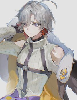 1boy bare_shoulders black_gloves closed_mouth coat earrings fur_trim genshin_impact gloves highres illuga_(genshin_impact) jacket jewelry looking_to_the_side multicolored_eyes multicolored_hair scar scar_on_neck scar_on_shoulder shiraki_(y_aira_srk) single_earring solo solo_focus white_background