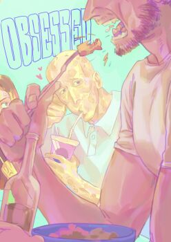 1girl 2boys absurdres anger_vein bald beard bottle bowl brown_hair claw_(weapon) collared_shirt commentary_request cup deadpool deadpool_&amp;_wolverine deadpool_(series) disposable_cup drinking eating facial_hair fangs food fork head_out_of_frame heart heart-shaped_pupils highres holding holding_bottle holding_fork laura_kinney looking_at_another male_focus marvel marvel motokawako multiple_boys open_mouth scar scars_all_over shirt short_sleeves sitting symbol-shaped_pupils teeth too_many weapon wolverine_(x-men) x-men yaoi