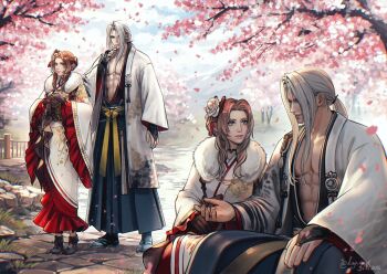 Rule 34 | 1boy, 1girl, abs, aerith gainsborough, aerith gainsborough (festive crimson attire), belt, black choker, black kimono, boots, bow, bridal gauntlets, brown gloves, brown hair, cherry blossoms, choker, closed mouth, dated, falling petals, final fantasy, final fantasy vii, final fantasy vii: ever crisis, flower, frilled kimono, frilled sleeves, frills, full body, fur-trimmed kimono, fur trim, gloves, gold trim, grass, green eyes, grey hair, hair bow, hair flower, hair ornament, hair tie, haori, japanese clothes, kay-i, kimono, light smile, looking at another, low ponytail, multiple views, obi, official alternate costume, official alternate hairstyle, open clothes, open kimono, outdoors, own hands together, parted bangs, parted lips, pectorals, petals, pink flower, pink petals, ponytail, red trim, sandals, sash, sephiroth (one with the blade), side slit, sidelocks, sitting, standing, tabi, tassel, tassel hair ornament, twitter username, updo, upper body, white flower, white haori, white kimono, wide sleeves, yellow belt