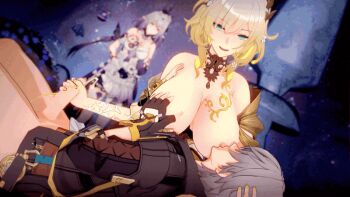 1boy 2girls 3d aglaea_(honkai:_star_rail) animated animated_gif bare_shoulders black_gloves blinking blonde_hair body_markings bottomless breast_press breast_sucking breasts breasts_out caelus_(honkai:_star_rail) castorice_(honkai:_star_rail) dress elf exhibitionism eyebrows eyebrows_hidden_by_hair eyelashes femdom fingerless_gloves flower gloves grabbing_another's_breast gradient_eyes gradient_hair green_eyes grey_hair groping hair_between_eyes hair_flower hair_ornament hand_on_another's_head handjob hetero holding honkai:_star_rail honkai_(series) kneeling lap_pillow large_breasts legs licking licking_nipple long_hair long_sleeves looking_at_another looking_down lying medium_hair multicolored_eyes multicolored_hair multiple_girls nail_polish nipple_stimulation nipples nose nursing_handjob off_shoulder on_back open_clothes open_mouth penis penis_grab pointy_ears public_indecency purple_eyes purple_hair shinaosumata short_hair_with_long_locks sidelocks smile smug standing string thighhighs thighs trailblazer_(honkai:_star_rail) twintails two-tone_hair very_long_hair watch wavy_hair white_dress white_flower