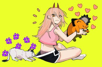 1girl absurdres anger_vein black_shorts blonde_hair chainsaw_man closed_eyes closed_mouth cross-shaped_pupils frown hair_between_eyes heart highres long_hair_between_eyes meowy_(chainsaw_man) notice_lines orange_eyes panties pink_panties pink_shirt pochita_(chainsaw_man) power_(chainsaw_man) sailen0 shirt short_shorts shorts simple_background striped_clothes striped_panties symbol-shaped_pupils underwear yellow_background