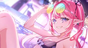 1girl adjusting_eyewear ahoge bikini black_bikini blurry blurry_background breasts camila_(vtuber) commentary eyelashes eyewear_on_head facial_mark gradient-tinted_eyewear grin hair_intakes highres indie_virtual_youtuber long_hair looking_at_viewer multicolored_hair nano_popo02 night pink_hair pool purple_eyes round_eyewear small_breasts smile solo streaked_hair sunglasses swimsuit symbol-only_commentary tinted_eyewear twintails virtual_youtuber water water_drop white_streaks