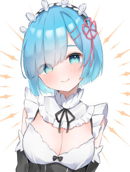 1girl absurdres black_bow black_dress black_ribbon black_sleeves blue_eyes blue_hair blush bow breasts cleavage closed_mouth commentary_request detached_sleeves dress eyes_visible_through_hair flower_knot frills hair_ornament hair_over_one_eye hair_ribbon hairclip head_tilt highres large_breasts looking_at_viewer maid maid_headdress medium_breasts mokoinu_(pixiv_27216243) neck_ribbon pink_ribbon re:zero_kara_hajimeru_isekai_seikatsu rem_(re:zero) ribbon roswaal_mansion_maid_uniform short_hair simple_background smile solo upper_body white_background x_hair_ornament