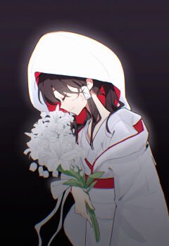 1girl black_background brown_hair closed_eyes commentary_request cowboy_shot flower from_side hair_tubes hakurei_reimu highres japanese_clothes kimono long_hair long_sleeves red_sash sash sidelocks simple_background smile solo touhou uchikake white_background white_flower white_sleeves yinyuefeng