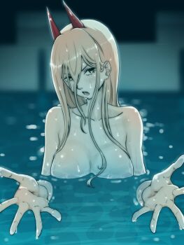 1girl blonde_hair breasts chainsaw_man cutterhappa grey_eyes hair_between_eyes highres horns large_breasts long_hair long_hair_between_eyes looking_at_viewer nude open_mouth partially_submerged pool power_(chainsaw_man) red_horns scene_reference solo wet
