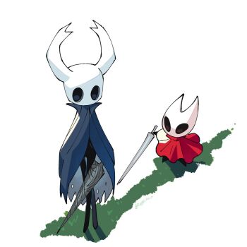 1girl 1other arthropod_girl artist_name black_eyes black_skin blank_eyes blue_cloak cloak colored_skin eye_contact full_body furry furry_female grass height_difference highres holding holding_weapon hollow_knight hornet_(hollow_knight) keppikun knight_(hollow_knight) looking_at_another looking_back looking_up nail_(hollow_knight) needle_(hollow_knight) no_feet red_cloak role_reversal signature simple_background standing torn_cloak torn_clothes twitter_username weapon white_background
