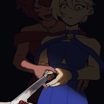 Rule 34 | 2girls, asymmetrical hair, bare shoulders, behind another, black background, blue dress, closed eyes, collarbone, commentary request, dark-skinned female, dark skin, dress, evening gown, guiding hand, gundam, gundam aerial slap (meme), gundam suisei no majo, hair between eyes, hair up, halter dress, halterneck, hand on another's waist, highres, holding, holding knife, horrified, knife, lelioz, long bangs, meme, miorine rembran, multiple girls, off-shoulder dress, off shoulder, open mouth, parted lips, red dress, red hair, reflection, spoilers, standing, suletta mercury, upper body, wavy hair, wedding cake cutting, white hair, wide-eyed