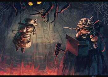 2girls animal bdsm bondage bound bug gag gagged hat hell judge koto_inari monster multiple_girls oversized_animal rod_of_remorse scissors shiki_eiki silk skirt spider spider_web tied_up_(nonsexual) touhou usami_renko