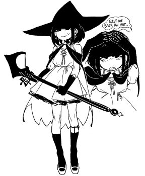 1girl bare_shoulders black_gloves black_hair dizzyspells earrings english_text gloves hands_on_own_head hat highres holding holding_staff jewelry kneehighs light_blush mage_staff original simple_background skirt socks staff tagme tearing_up white_background witch_hat