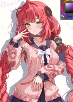 1girl art_program_in_frame black_skirt blush braid braided_twintails cardigan chest_bow collar collarbone commentary dokimaru english_commentary green_eyes grin hair_ornament hand_up hearing_aid highres long_hair looking_at_viewer low_twintails pink_cardigan red_hair shadow simple_background skirt smile solo sphere_hair_ornament twintails ukinami_yuzuha unfinished upper_body white_background zenless_zone_zero