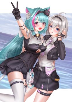 2girls :d ahoge animal_bag animal_ear_fluff animal_ears aqua_hair arm_around_another's_waist arm_up armpits bell belt black_belt black_bow black_bowtie black_dress black_gloves black_hairband black_jacket black_skirt blue_eyes blush bow bowtie braid breasts buckle buttons cat_bag cat_ears cat_girl cat_hair_ornament cat_tail chest_strap cleavage closed_mouth clothing_cutout cloud cloudy_sky collared_shirt colored_eyelashes colored_inner_animal_ears commentary_request covered_navel cowboy_shot crossed_bangs day dress dutch_angle female_esper_zero_(nte) fingerless_gloves fingernails gloves hair_between_eyes hair_ornament hairband half_gloves hand_in_own_hair highres horizon imai_tomohiro jacket jingle_bell large_breasts leg_up letterboxed long_hair looking_at_viewer miniskirt mint_(nte) multicolored_hair multiple_girls neck_bell necktie neverness_to_everness ocean open_mouth outdoors outside_border outstretched_arm pink_eyes pink_streaks pleated_skirt purple_necktie shirt short_hair short_sleeves shoulder_cutout side-by-side side_braid single_bare_shoulder single_braid skirt sky smile snap-fit_buckle standing standing_on_one_leg star_(symbol) star_in_eye streaked_hair symbol_in_eye tail thigh_belt thigh_strap thighhighs underboob underboob_cutout v very_long_hair white_shirt white_thighhighs wristband zipper zipper_pull_tab