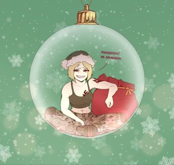 Rule 34 | 1girl, abs, anichiva, arm tattoo, bag, blonde hair, brown eyes, camouflage, camouflage pants, chest tattoo, christmas, christmas lights, christmas ornaments, crossed legs, encasement, evil smile, full body, gift bag, green tank top, hat, highres, knee pads, looking at viewer, lotus position, marichka, muscular, muscular female, new year, open mouth, original, pants, russo-ukrainian war, santa hat, sharp teeth, short hair, sitting, smile, snowflakes, snowing, soldier, solo, sports bra, stomach, tank top, tattoo, teeth, tomboy, toned, toned female, translated, tryzub, ukrainian text, woodland camouflage