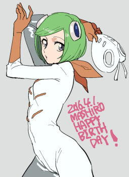 1girl black_eyes bleach bodysuit breasts commentary_request dated gloves green_hair happy_birthday holding holding_mask kuna_mashiro mask nigatsumikka orange_gloves short_hair small_breasts solo upper_body white_bodysuit