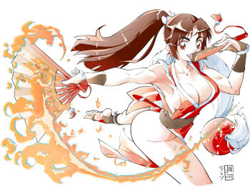 1girl ass bare_shoulders breasts brown_eyes brown_hair cleavage fatal_fury fire getinthegustaff hand_fan highres large_breasts long_hair looking_at_viewer ninja ponytail shiranui_mai sideboob sleeveless teeth the_king_of_fighters thong upper_teeth_only white_background