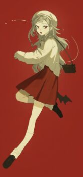 1girl :o alternate_costume bag beret black_bag black_shoes cropped full_body grey_hair hat highres kneehighs leg_up long_hair looking_at_viewer loose_socks miniskirt oji-sama_(ochi4t) quad_braids red_background red_eyes red_skirt reverse:1999 rubuska shirt shoes shoulder_bag skirt socks solo standing standing_on_one_leg white_hat white_shirt white_socks