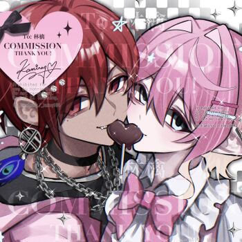 1boy 1girl black_choker blue_eyes bow bowtie candy chain chain_necklace checkered_background choker closed_mouth collared_shirt commentary commission dark-skinned_male dark_skin double-parted_bangs food hair_between_eyes hair_intakes hair_ornament hairclip heart heart-shaped_food heart-shaped_lollipop highres jacket jewelry kaminoq lollipop looking_at_viewer necklace original parallel_hairclips pink_bow pink_bowtie pink_hair pink_jacket portrait red_eyes red_hair shaped_lollipop shared_food shirt short_hair twitter_username watermark white_shirt