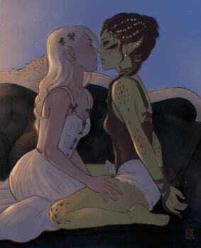 alternate_costume baldur's_gate baldur's_gate_3 bare_arms bare_shoulders bluenoirart bound bound_wrists breasts brown_hair colored_skin dress dungeons_&amp;_dragons dungeons_&amp;_dragons elf facing_another from_side gith_(d&amp;d) green_skin hair_ornament highres lae'zel long_hair medium_breasts official_alternate_hair_color pointy_ears profile shadowheart_(baldur's_gate) shorts sitting tiefling white_dress white_hair white_shorts