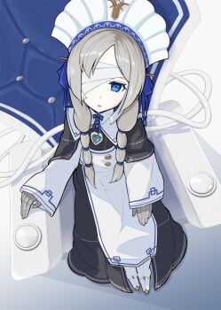 1girl android armchair bandages bandages_over_eyes blue_eyes chair ender_lilies_quietus_of_the_knights ender_magnolia_bloom_in_the_mist expressionless grey_hair hi_iro highres long_hair looking_at_viewer lorna_(ender_magnolia) maid parted_lips sitting solo twintails