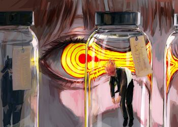 Rule 34 | 1girl, 2boys, angel, angel devil (chainsaw man), angel wings, black necktie, black suit, business suit, chainsaw man, doeun o o, feathered wings, formal clothes, gun devil (chainsaw man), hayakawa aki, highres, jacket, makima (chainsaw man), multiple boys, necktie, ringed eyes, suit, suit jacket, white wings, wings