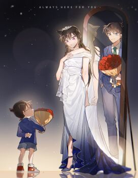 1boy 1girl absurdres bare_shoulders blue_jacket blue_pants bouquet brown_hair child closed_mouth commentary different_reflection dress edogawa_conan flower green_necktie hand_in_pocket hand_up high_heels highres holding holding_bouquet jacket kudou_shin&#039;ichi kuilaogouhuabudongle meitantei_conan mouri_ran necktie pants red_flower red_rose red_shoes reflection rose shoes short_hair shorts smile standing symbol-only_commentary white_dress