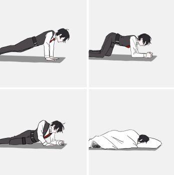 1boy 404_ry0 belt black_belt black_hair black_pants black_vest blanket commentary_request exercising failure highres korean_commentary limbus_company long_sleeves lying multiple_views necktie on_side pants pillow project_moon push-ups red_necktie shirt simple_background sleeping vest white_background white_shirt yi_sang_(project_moon)