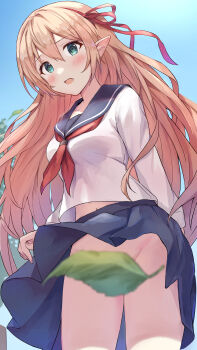 1girl absurdres arisa_(shadowverse) blonde_hair blue_sailor_collar blue_skirt blue_sky blurry blurry_foreground blush breasts clothes_lift commentary_request commission convenient_censoring green_eyes hair_between_eyes hair_ribbon highres leaf leaf_censor long_hair long_sleeves looking_at_viewer midriff_peek navel neckerchief no_panties open_mouth outdoors pixiv_commission pointy_ears princess_connect! red_neckerchief red_ribbon ribbon sailor_collar school_uniform serafuku shuucream_(syuichi) skirt skirt_lift sky solo standing wind wind_lift