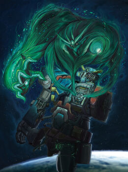 absurdres aura bad_id bad_pixiv_id banpreios broken crack cracked_glass earth_(planet) energy glowing glowing_eye highres k1kai mecha missing_limb no_humans planet robot space srx super_robot_wars super_robot_wars_alpha the_3rd_super_robot_wars_alpha