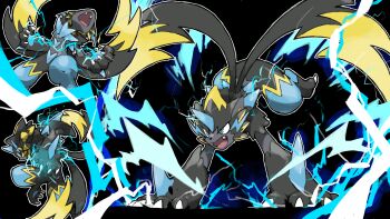 animal_nose black_fur blacknirrow blue_aura blue_eyes blue_fur body_fur claws electricity fangs gen_7_pokemon glowing highres horns legendary_pokemon lightning mega_pokemon mega_zeraora multicolored_fur multiple_views mythical_pokemon nintendo no_humans open_mouth pokemon pokemon_(creature) simple_background single_horn solo spikes two-tone_fur whiskers yellow_trim zeraora
