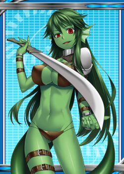 belt breasts colored_skin fins gluteal_fold green_hair head_fins long_hair monster_girl navel red_eyes reptile_girl shinkai_no_valkyrie sword tail weapon
