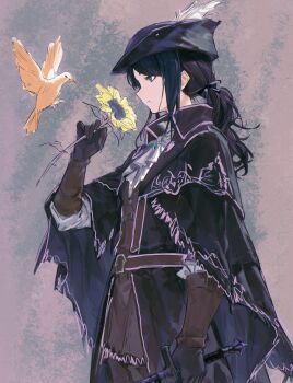 1girl absurdres animal ascot belt bird black_cloak black_coat black_gloves black_hair bloodborne cloak closed_mouth coat cobwvmeti collared_cloak cosplay cowboy_shot dove flower from_side gloves highres holding holding_flower holding_sword holding_weapon hunter_(bloodborne) hunter_(bloodborne)_(cosplay) idolmaster idolmaster_shiny_colors kazano_hiori long_hair low_ponytail mole mole_under_mouth ponytail profile purple_trim solo standing sword weapon white_ascot