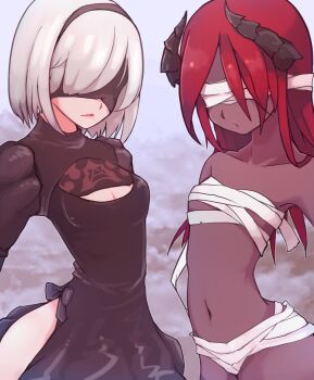 2b_(nier:automata) 2girls bandages bandages_around_chest black_vs_white blind blindfold breasts cleavage cleavage_cutout clothing_cutout collarbone commentary cowboy_shot crossover dark-skinned_female dark_skin demon_girl female_focus hairband highres horns lilith_(the_binding_of_isaac) long_hair medium_breasts medium_hair multiple_girls navel nier:automata nier_(series) red_hair silver_hair small_breasts the_binding_of_isaac trait_connection yellowparrot