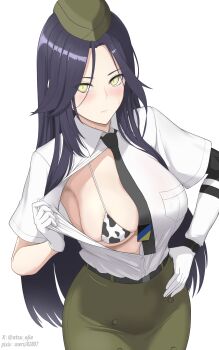 1girl absurdres animal_print ar-18_(girls'_frontline) artist_name belt bikini black_belt black_hair black_necktie blush breast_pocket breasts closed_mouth collared_shirt commentary_request commission cow_print cow_print_bikini dress_shirt garrison_cap girls'_frontline gloves green_hat green_skirt hand_on_own_hip hat highres long_hair looking_at_viewer necktie pixiv_id pocket print_bikini shirt shirt_aside short_sleeves simple_background skeb_commission skirt solo string_bikini sumi_ojie sweatdrop swimsuit twitter_username watch white_background white_gloves wristwatch yellow_eyes