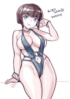 1girl adjusting_hair arm_support artist_name bare_shoulders black_eyes black_one-piece_swimsuit blunt_bangs blunt_ends bob_cut bracelet breasts brown_hair closed_mouth collarbone covered_erect_nipples cowboy_shot dated hand_up highres hip_bones inverted_bob jewelry large_breasts leaning_back looking_at_viewer navel necklace nekomata_naomi o-ring o-ring_swimsuit one-piece_swimsuit pendant playing_with_own_hair plunging_neckline ranma_1/2 revealing_clothes short_hair sideboob simple_background sketch slingshot_swimsuit smile solo standing swimsuit tendou_nabiki translated white_background wide_hips
