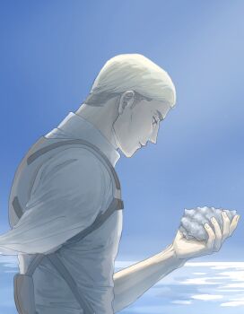 1boy amputee apricitas aquiline_nose arm_up armless_amputee blonde_hair brown_hair closed_mouth collared_shirt commentary conch erwin_smith from_side hashtag-only_commentary highres holding holding_shell looking_at_object male_focus medium_sideburns missing_limb nose profile shell shingeki_no_kyojin shirt solo upper_body white_shirt