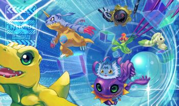 absurdres agumon blue_fur body_fur cyberspace digimon digimon_story:_cyber_sleuth enrike_(enrique_mr_blue) gabumon gears green_eyes green_fur group_picture hagurumon highres horns keramon lizard no_humans palmon plant_monster red_eyes sharp_teeth single_horn teeth terriermon wanyamon watermark