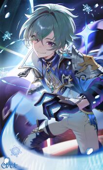 1boy absurdres ahoge armor belt belt_collar black_belt black_gloves blue_shirt blurry blurry_background cape choker citiciti33 closed_mouth coat collar collared_shirt commentary_request earrings eyes_visible_through_hair foreshortening genshin_impact gloves gradient_background green_hair hair_between_eyes hair_intakes highres jacket jewelry lohen_(genshin_impact) long_sleeves looking_at_viewer male_focus mole mole_under_eye multicolored_eyes pants shirt short_hair shoulder_armor signature single_earring smile snowflakes solo spread_legs thigh_strap white_pants