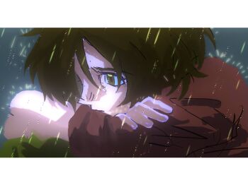 1boy absurdres brown_eyes brown_hair closed_mouth hair_between_eyes highres letterboxed looking_ahead lying male_focus mauvh on_stomach outdoors rain red_shirt sad shirt solo toboe_(wolf's_rain) wolf's_rain