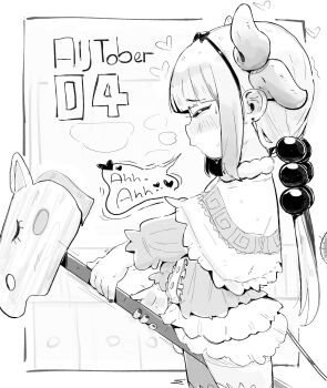 1girl beads broom broom_riding capelet closed_eyes commentary cropped_legs dated dragon_girl dragon_horns dragon_tail dress english_commentary english_text female_masturbation greyscale hair_beads hair_ornament highres horns hottodg kanna_kamui kobayashi-san_chi_no_maidragon loli lolitober long_hair long_sleeves masturbation monochrome open_mouth solo speech_bubble standing tail